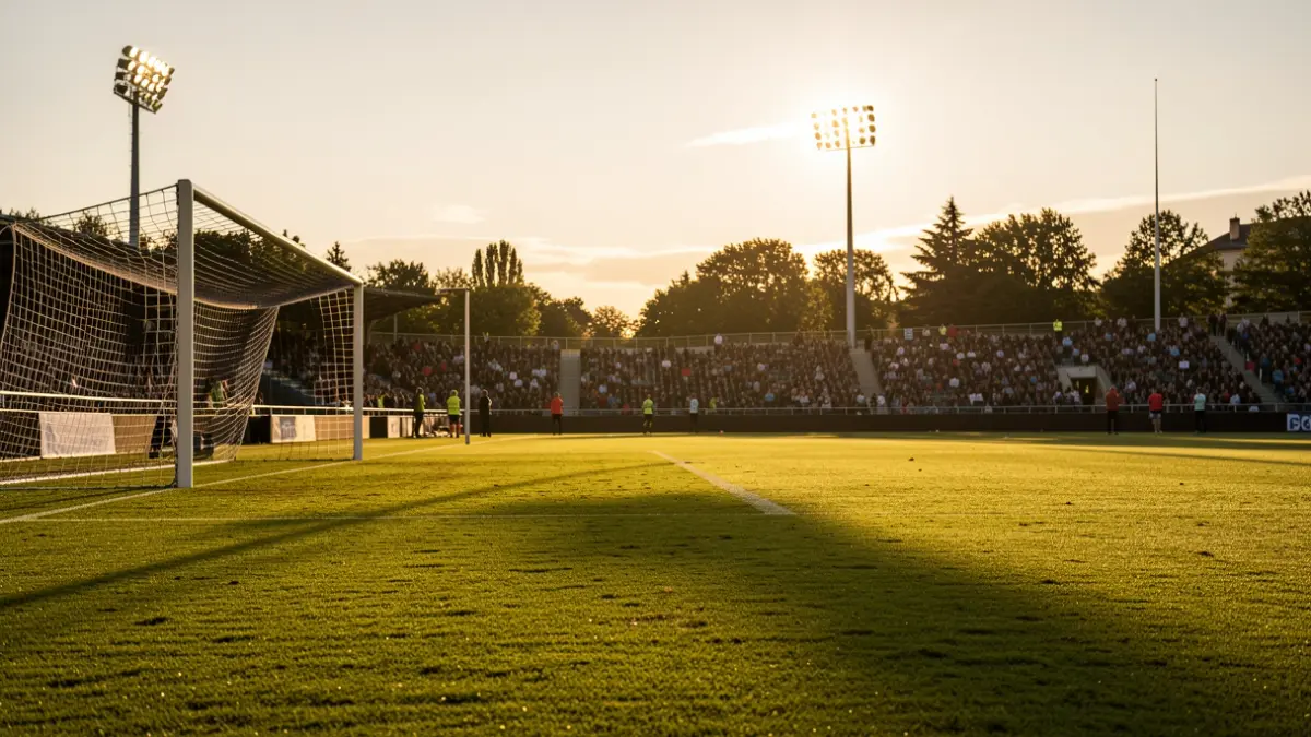 Generic image of a football pitch with lights and shadows.