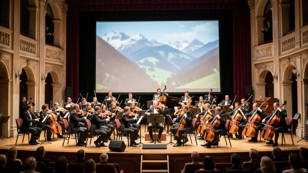 Imatge genèrica d'una orquestra tocant en un auditori amb projeccions.