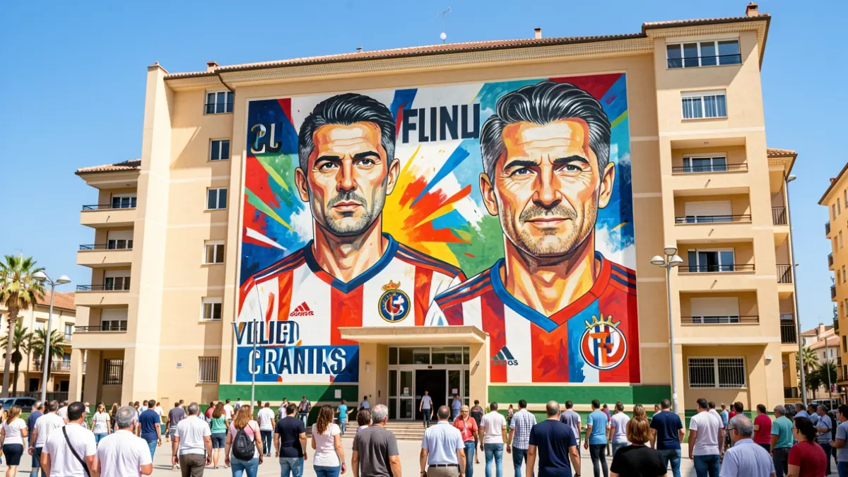 Mural artístic dedicat als referents esportius manisers Alberto Arnal i Luis Vilar, vinculats al València CF, en la façana del Pavelló Alberto Arnal.