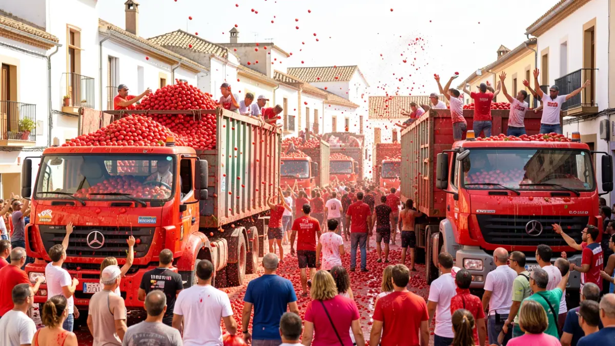Imagen genérica de La Tomatina de Buñol con camiones cargados de tomates y gente participando en la fiesta.
