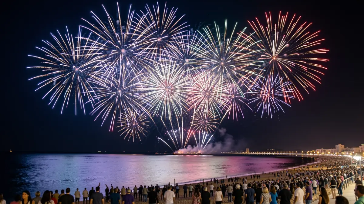 Drone and fireworks show over Cullera beach during the Medusa Festival.