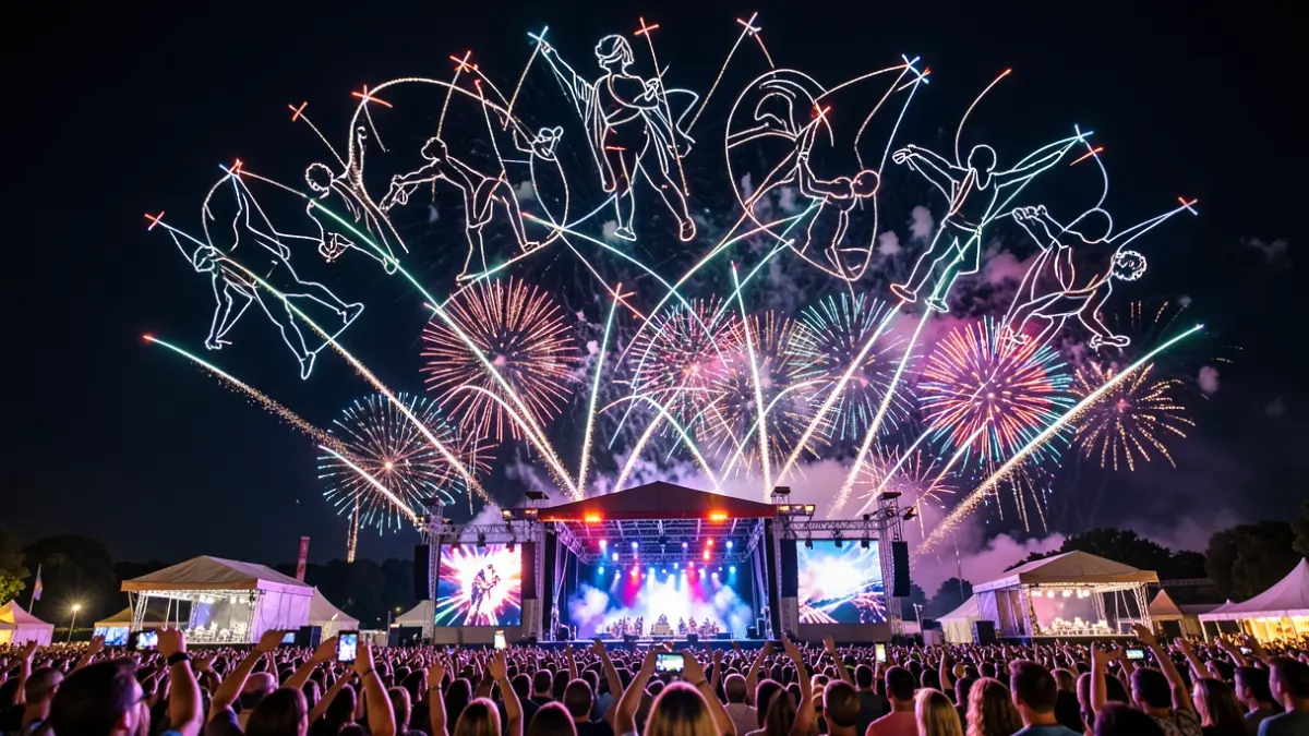 Espectáculo de drones y fuegos artificiales iluminando el cielo nocturno sobre un festival de música.