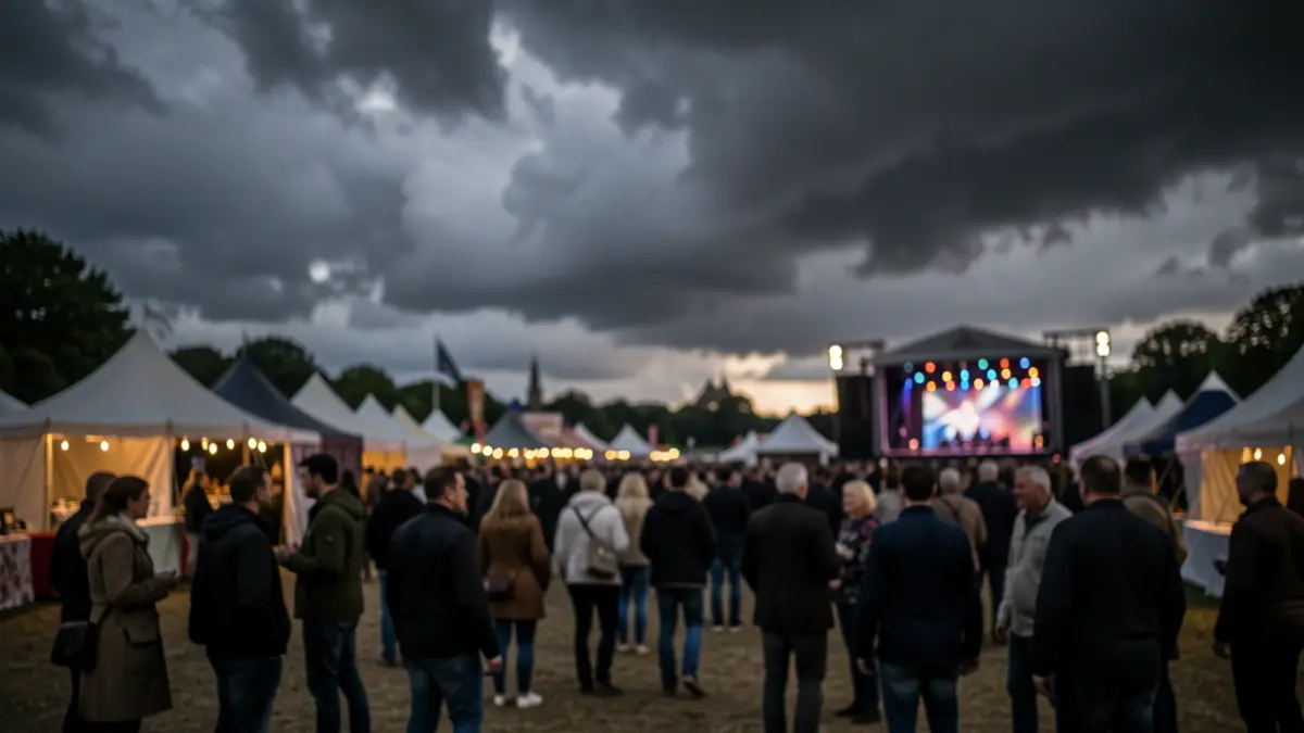 Imatge genèrica de núvols de tempesta sobre un recinte de festival amb tendes i escenaris difuminats.