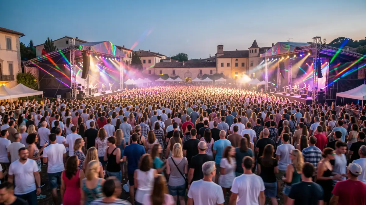 Imagen genérica de un festival de música multitudinario al atardecer, con miles de asistentes y luces de escenario.
