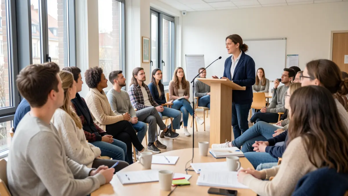 Generic image of a youth workshop with participants and a speaker.
