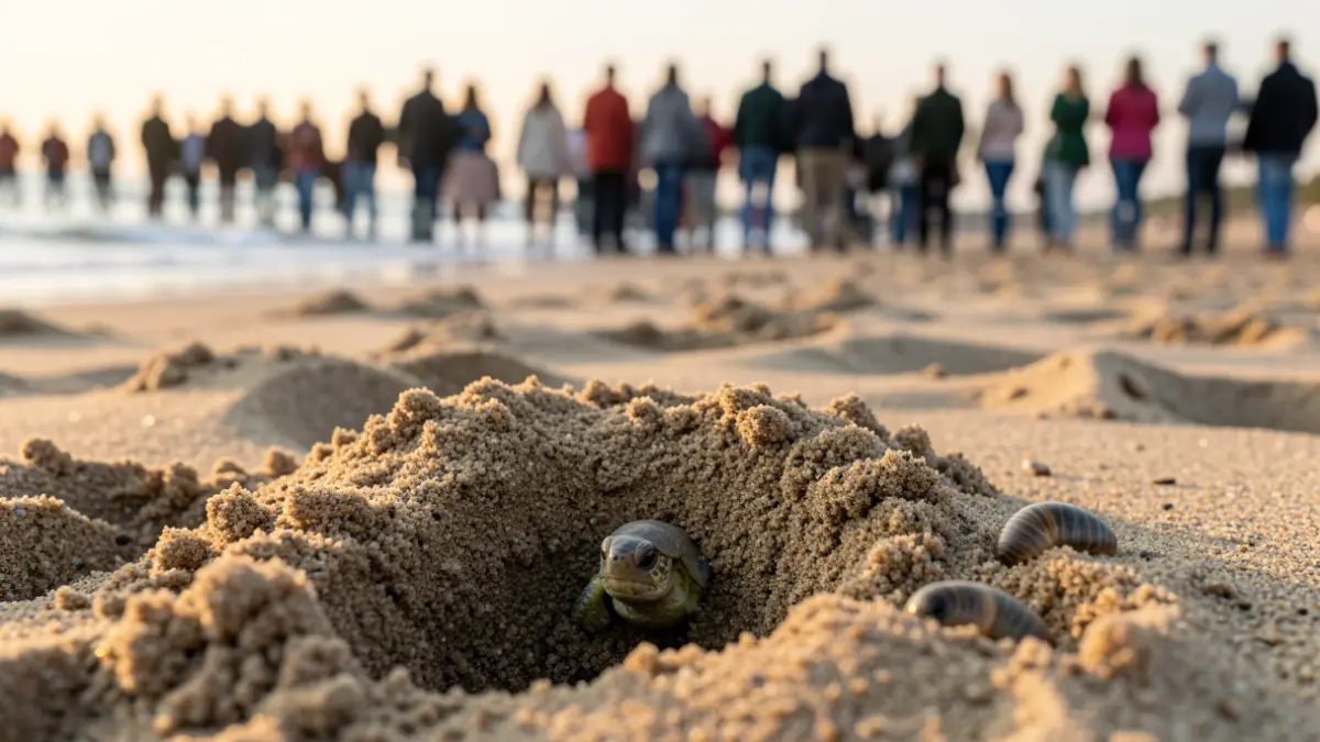 Imagen genérica de un nido de tortuga en la playa al amanecer con tortugas naciendo.