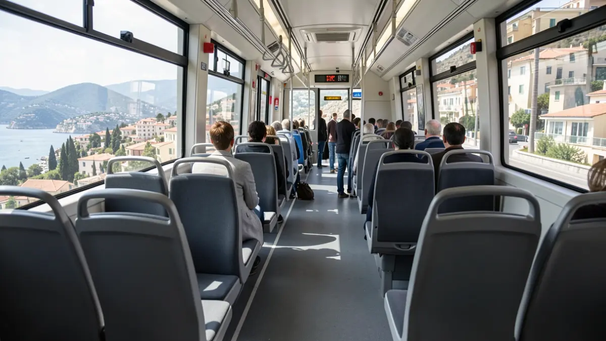 Interior d'un tram modern de Metrovalencia amb seients amplis i finestrals que mostren el paisatge.