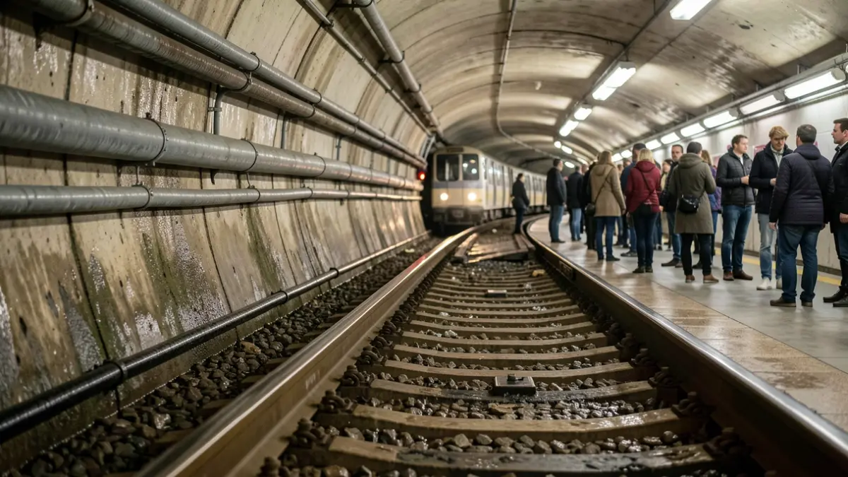 Generic image of subway tracks in a tunnel with water leaks.
