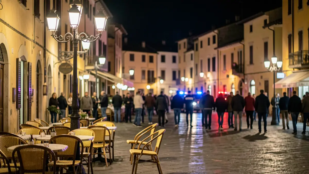 Generic image of a Mediterranean town square at night, with streetlights and a festive atmosphere.