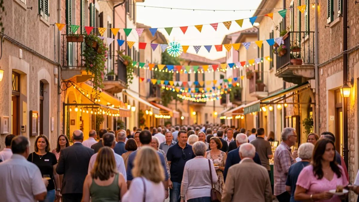 Generic image of a popular festival in a Mediterranean town with decorations and people in the background.