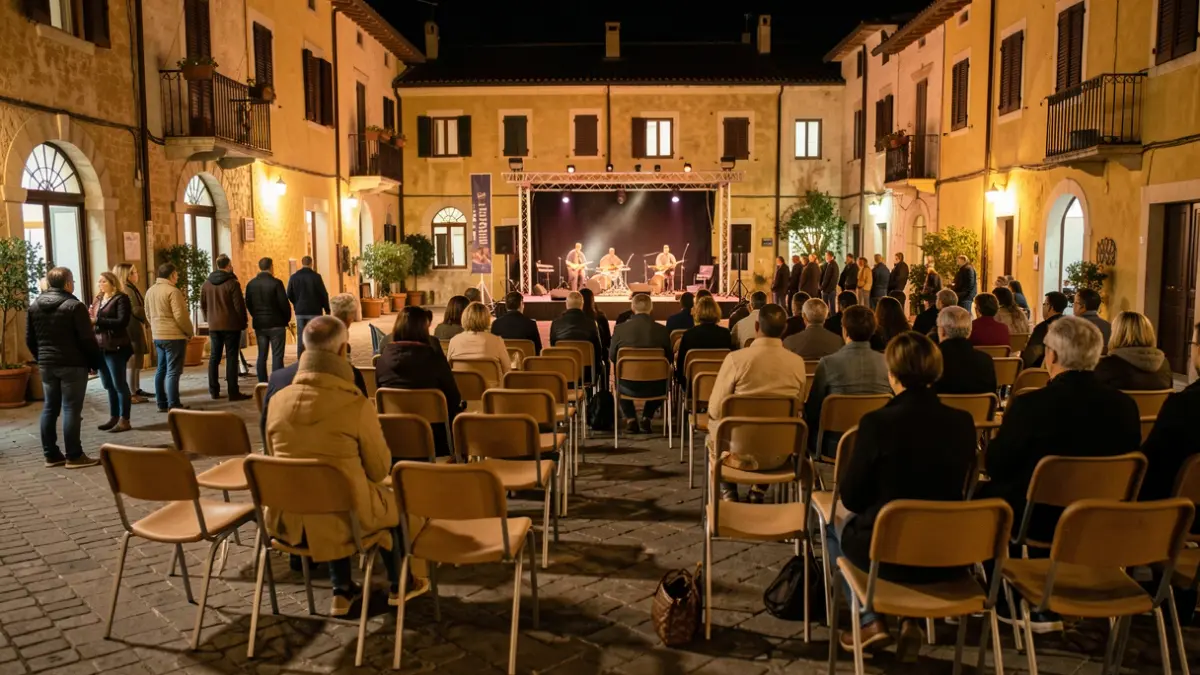 Escenario al aire libre en una plaza durante una noche de verano, con sillas vacías e iluminación cálida.