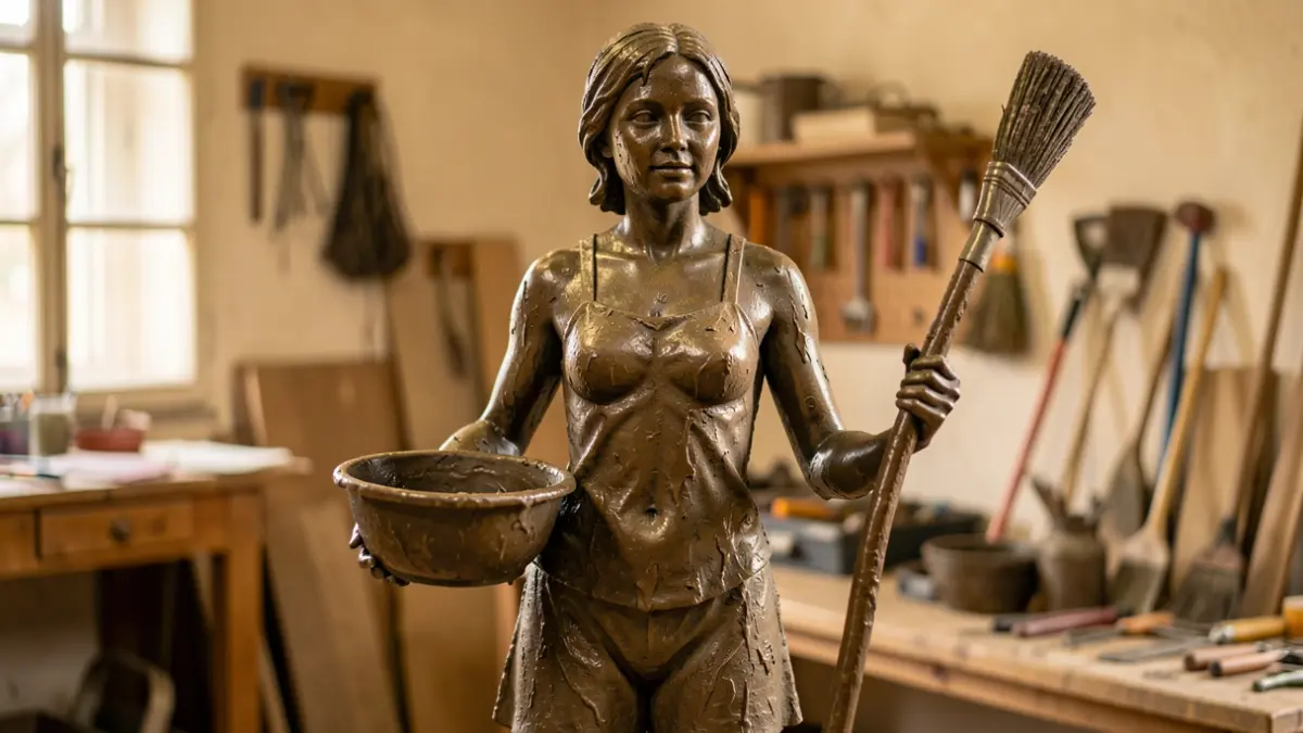 Bronze sculpture of a young, mud-covered volunteer holding a basin and a broom, in a workshop.