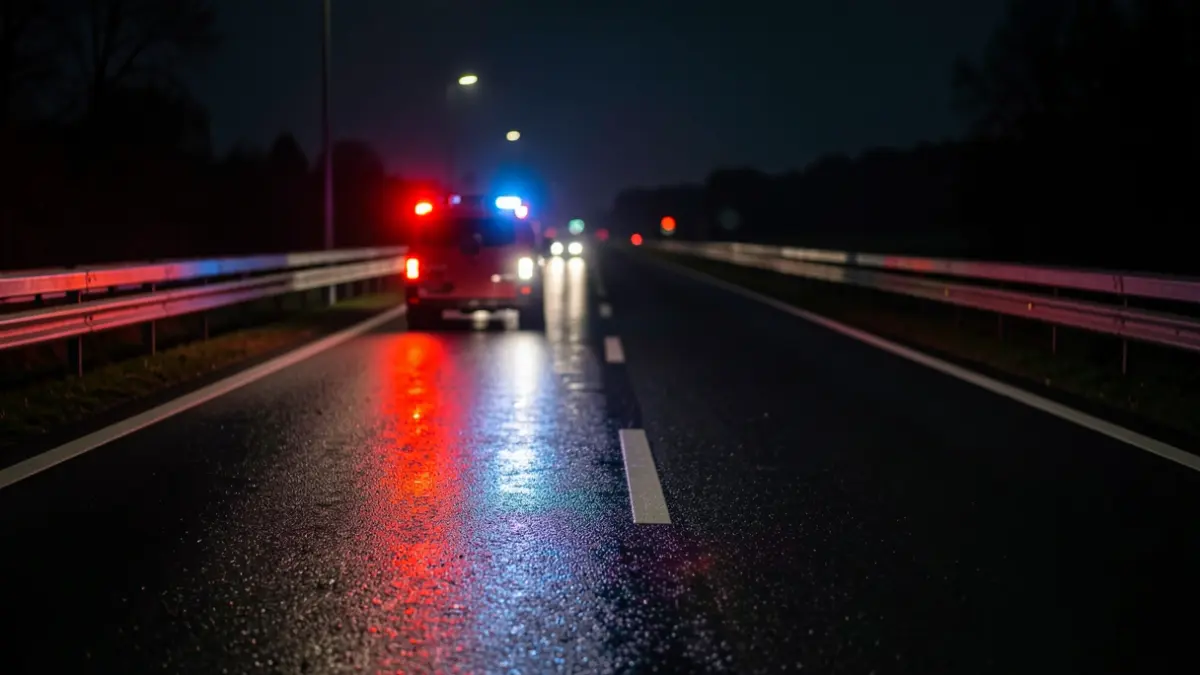 Generic image of emergency lights on a wet highway.