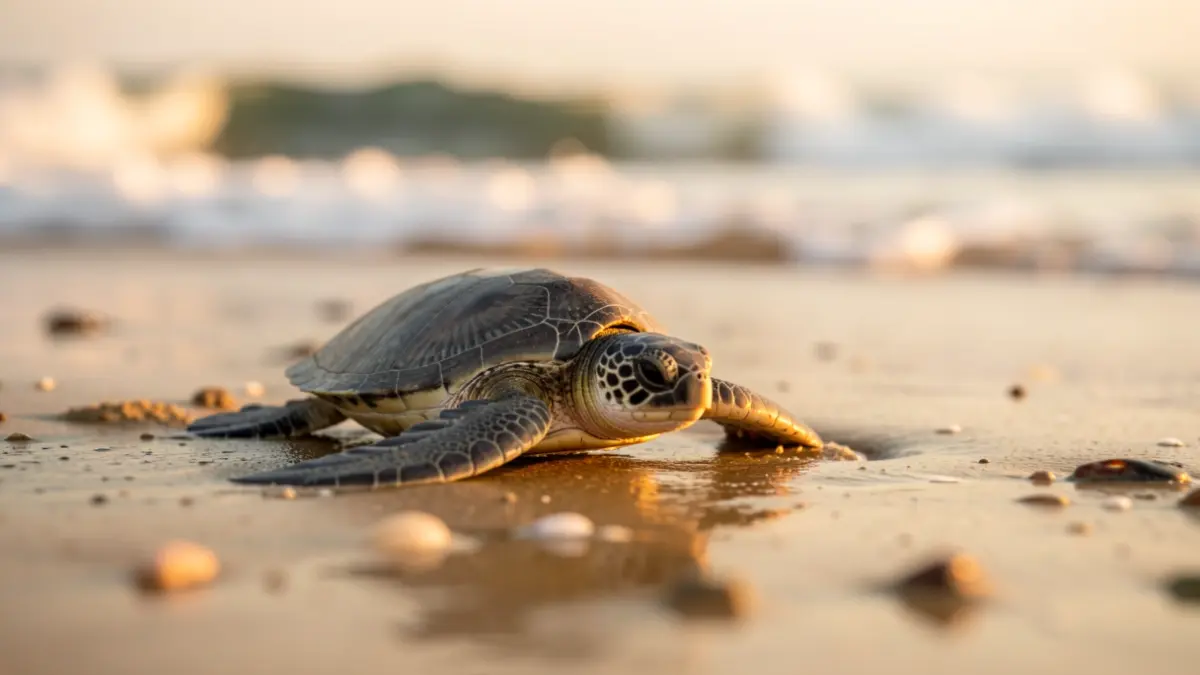Image of a newborn sea turtle reaching the sea on the coast of Dénia.