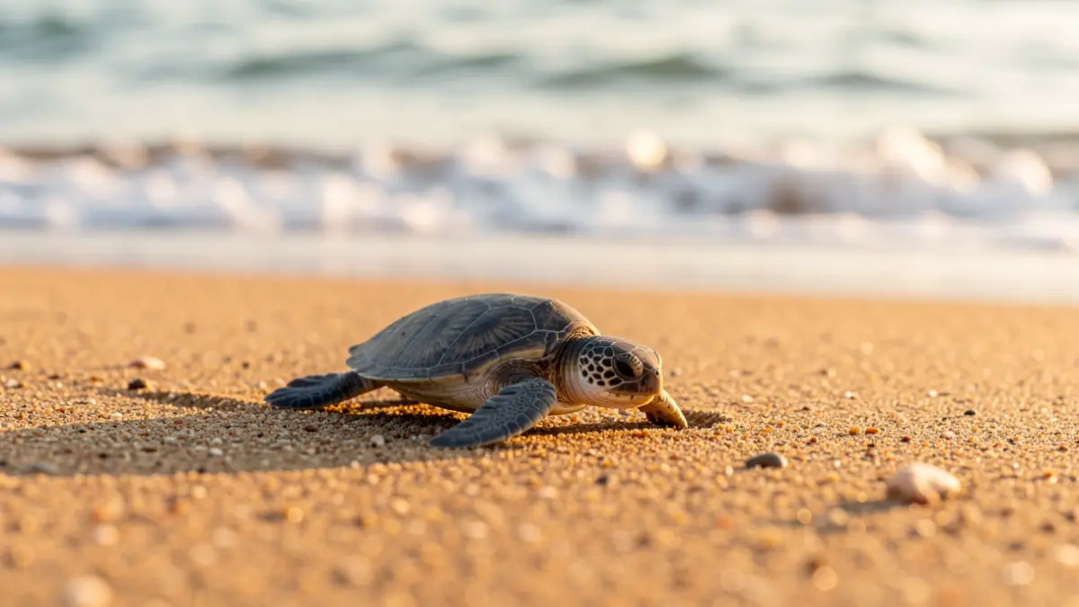 Image of a newborn sea turtle walking towards the Mediterranean Sea on a beach in Dénia.