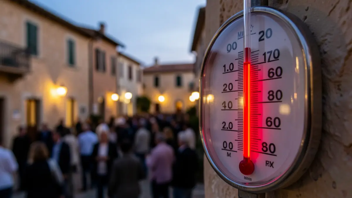 Thermometer showing an extremely high temperature, with Mediterranean architecture in the background.