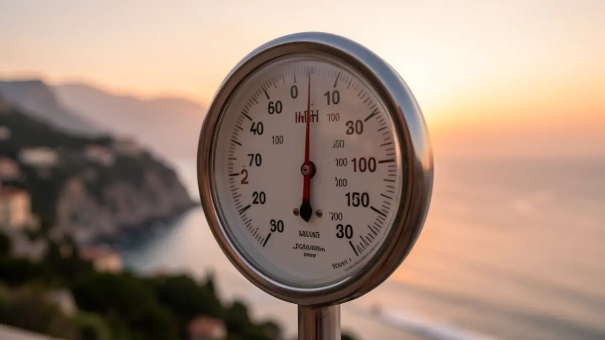 Imagen genérica de un termómetro mostrando una temperatura alta con una costa mediterránea al atardecer.