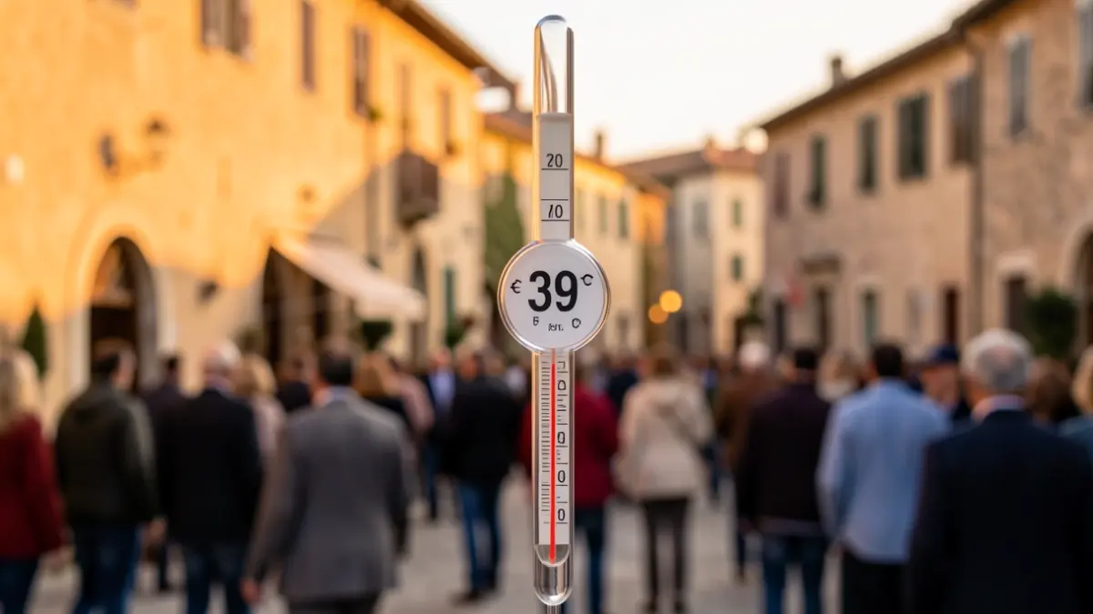Thermometer showing 39 degrees in a Mediterranean urban setting.