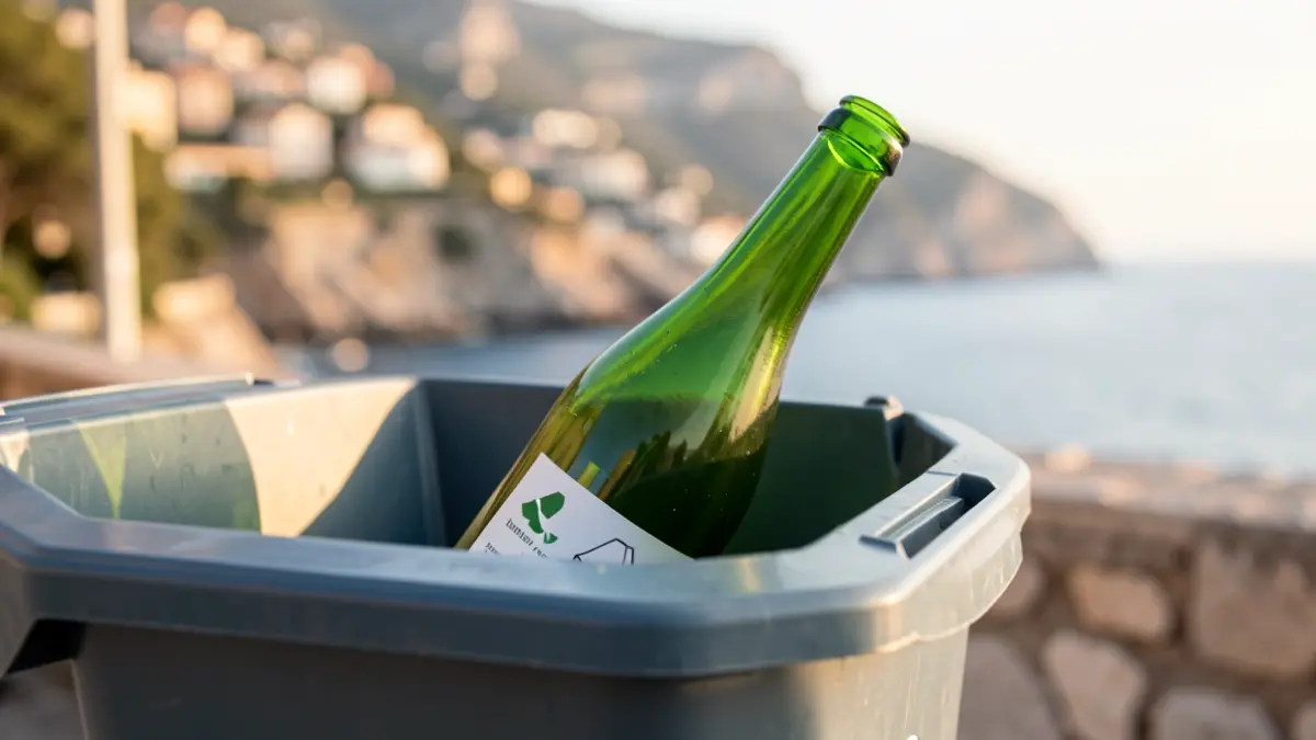 Imatge genèrica de reciclatge de vidre amb costa mediterrània al fons.