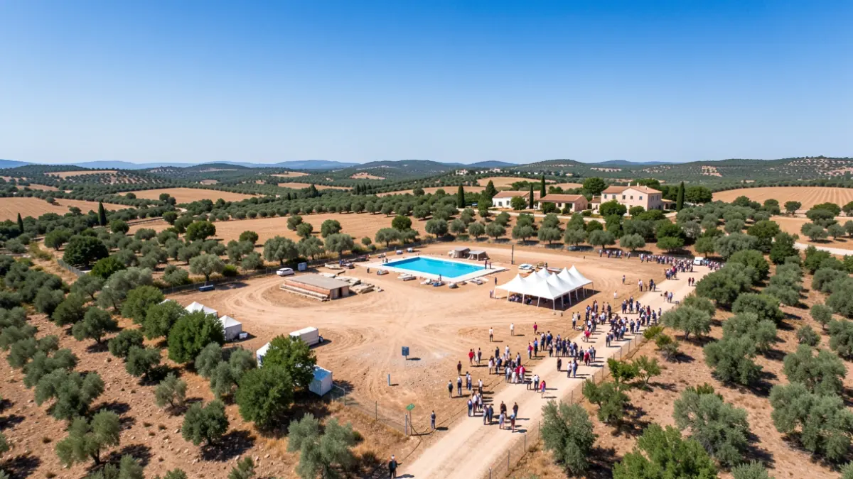 Aerial view of a tourist complex under construction in Alcalà de Xivert, featuring a pool and event area.