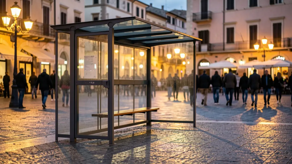 Generic image of an empty bus stop at dusk.