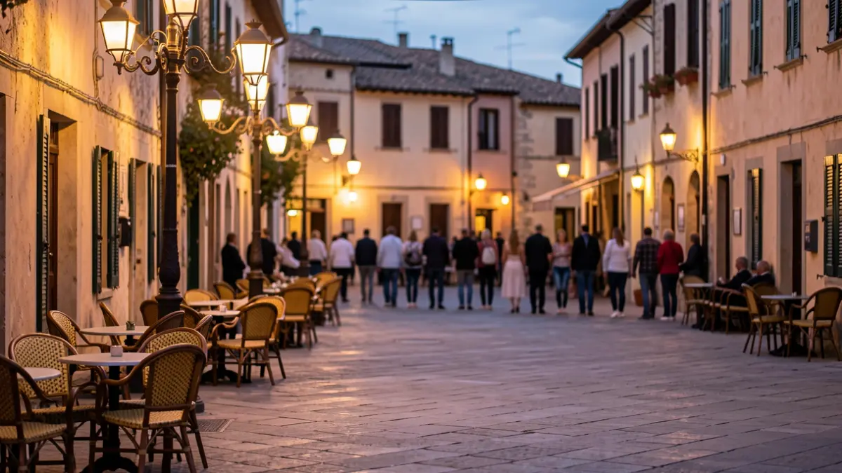 Generic image of a Mediterranean town square at dusk.