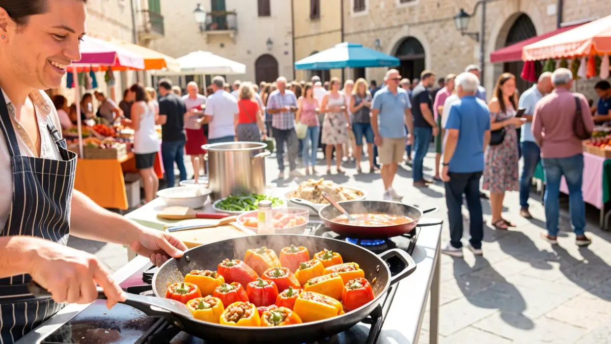 Imagen genérica de un concurso de cocina con pimientos rellenos en un entorno público.