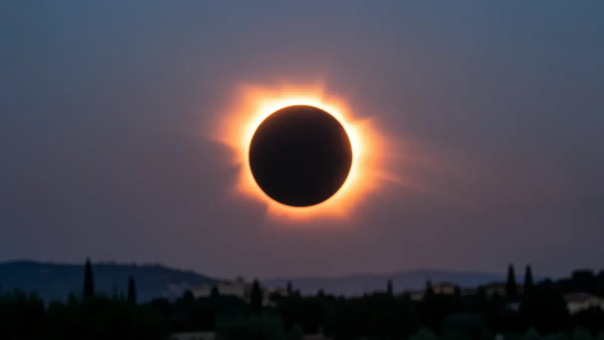 Image of a partial solar eclipse with the corona visible at sunset.