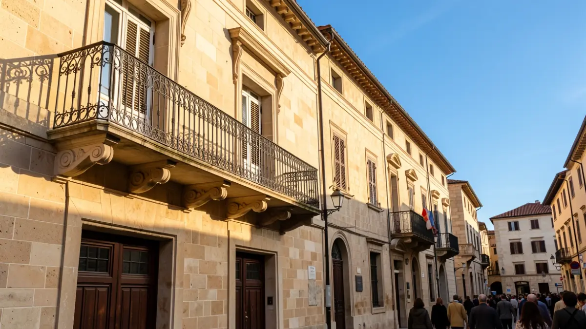 Imagen genérica de la fachada de un ayuntamiento mediterráneo con balcón y barandillas de hierro, luz de tarde.