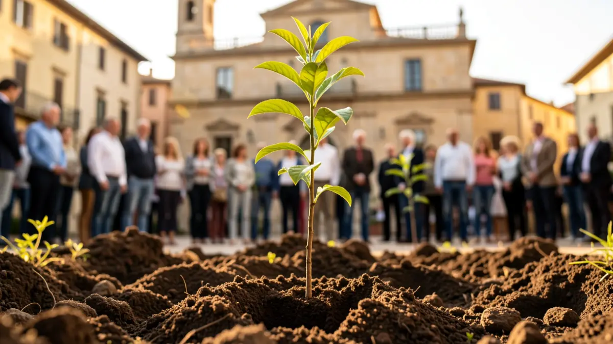 Imagen genérica de un árbol joven siendo plantado frente a un edificio municipal.