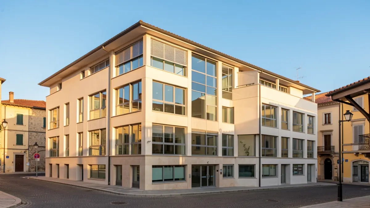 Façana d'un edifici municipal en una localitat mediterrània amb llum de vesprada.