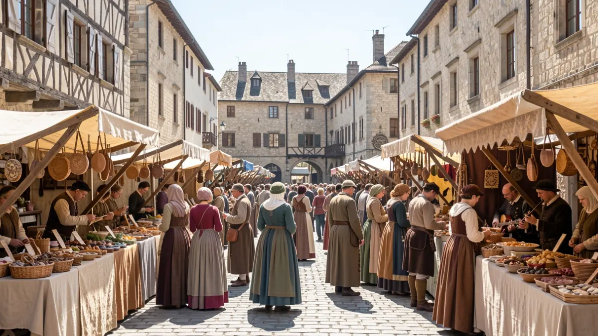 Imatge genèrica d'una fira medieval amb parades d'artesania i música.