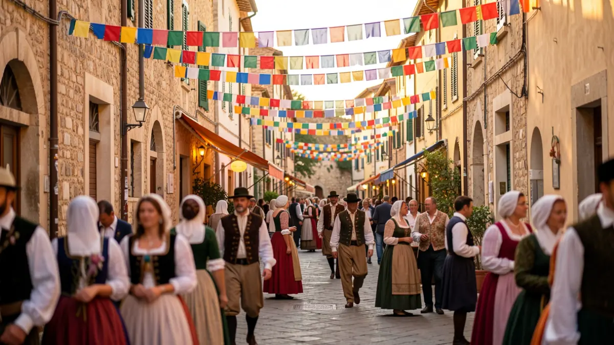 Imagen genérica de una fiesta popular en un pueblo mediterráneo con música y ambiente festivo.