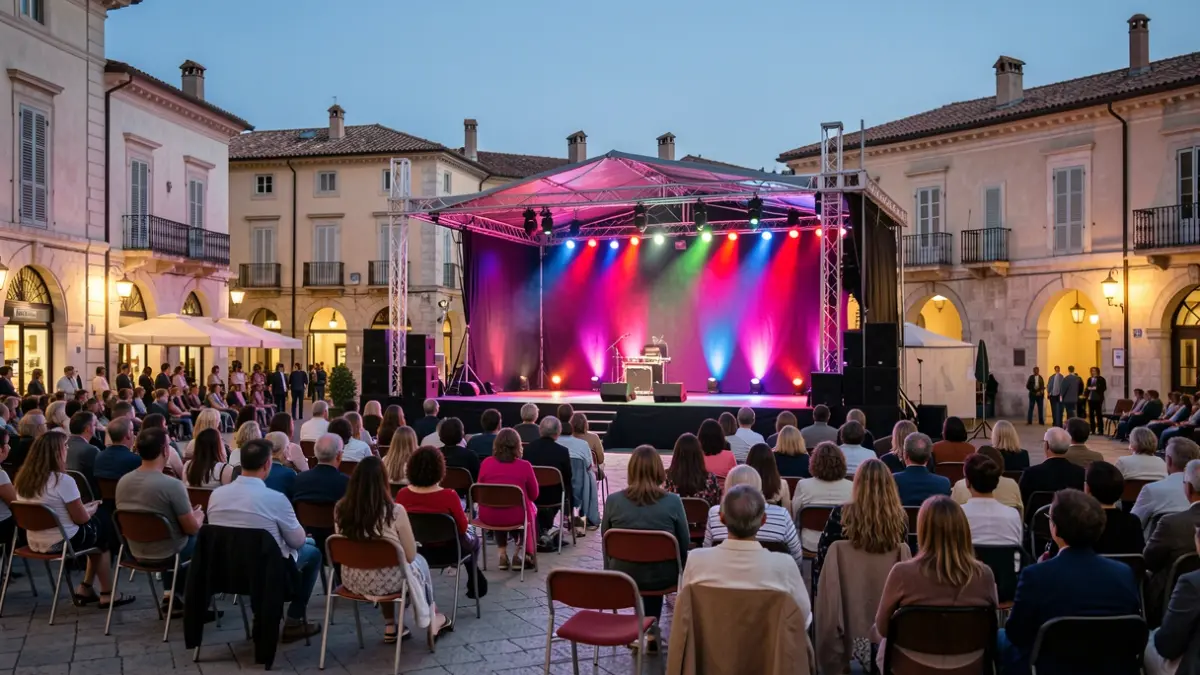 Imagen genérica de un escenario exterior preparado para un concierto en una plaza durante el atardecer.