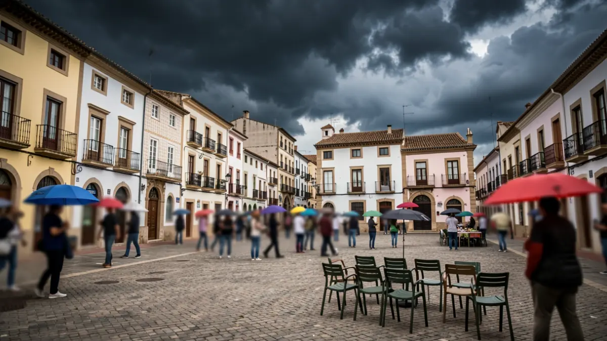 Generic image of a stormy sky over a town square in la Comunitat Valenciana with blurred figures.