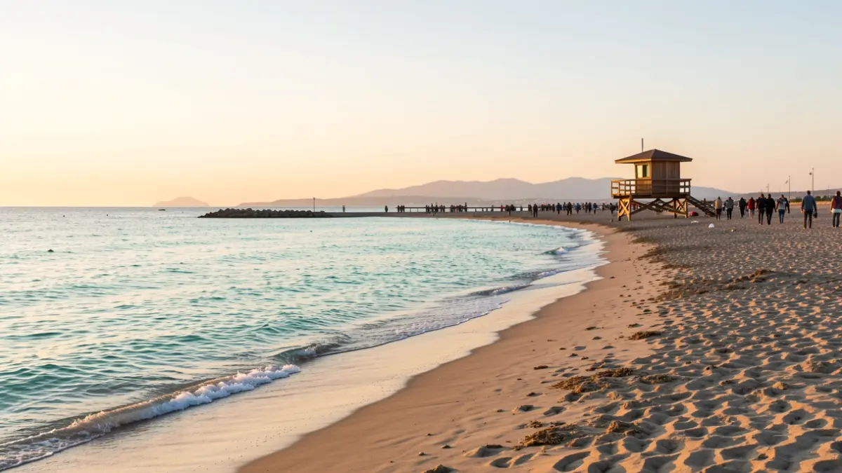 Imatge genèrica d'una platja mediterrània amb una torre de vigilància al fons.