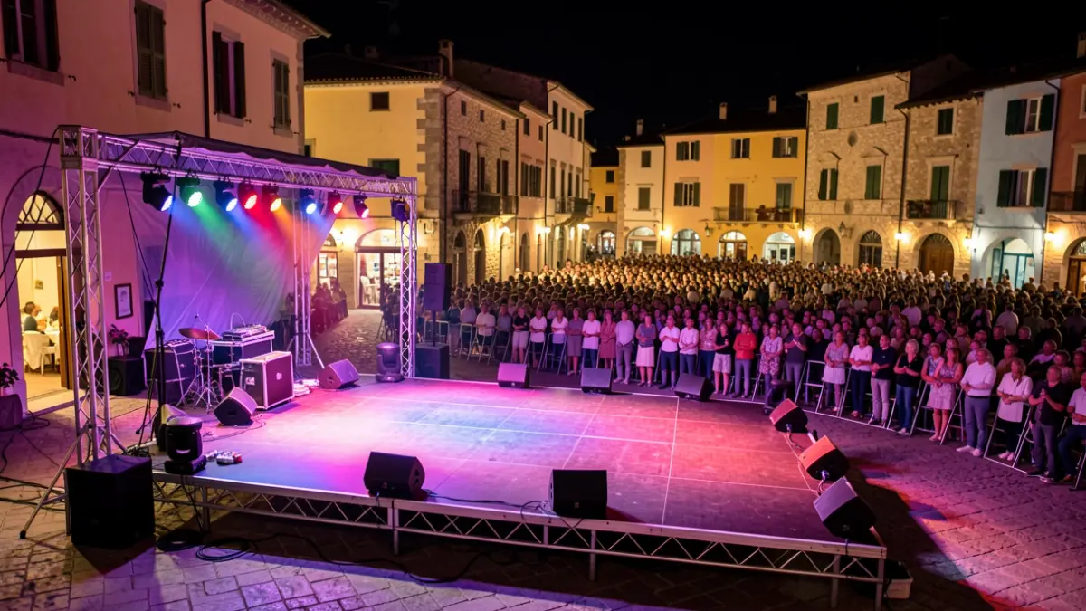 Imatge genèrica d'un escenari exterior en una plaça de poble valencià durant una festa nocturna.
