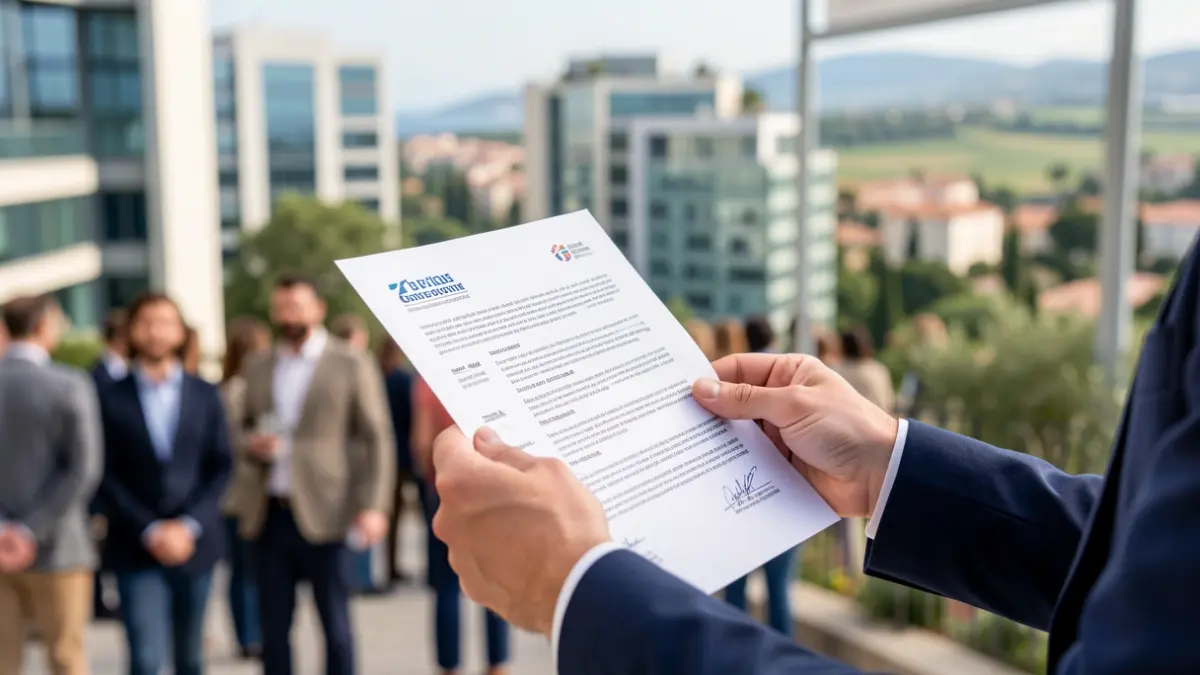 Generic image of hands holding a resume with a blurred background of buildings and Mediterranean landscape.