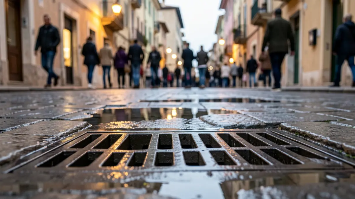 Generic image of a storm drain on a wet street.
