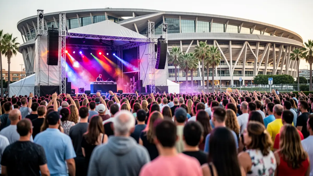 Image of an urban music concert with a DJ on stage at the Roig Arena in Valencia.