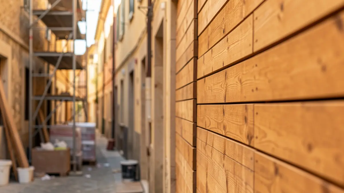 Imagen genérica de protecciones de madera en fachadas durante obras.