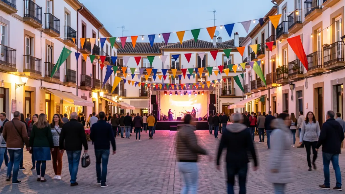 Imagen genérica de una plaza de pueblo mediterráneo durante una fiesta al atardecer.