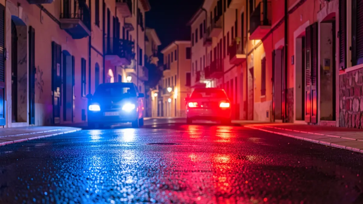 Imatge genèrica de llums d'emergència policials reflectint-se en asfalt mullat a la nit.