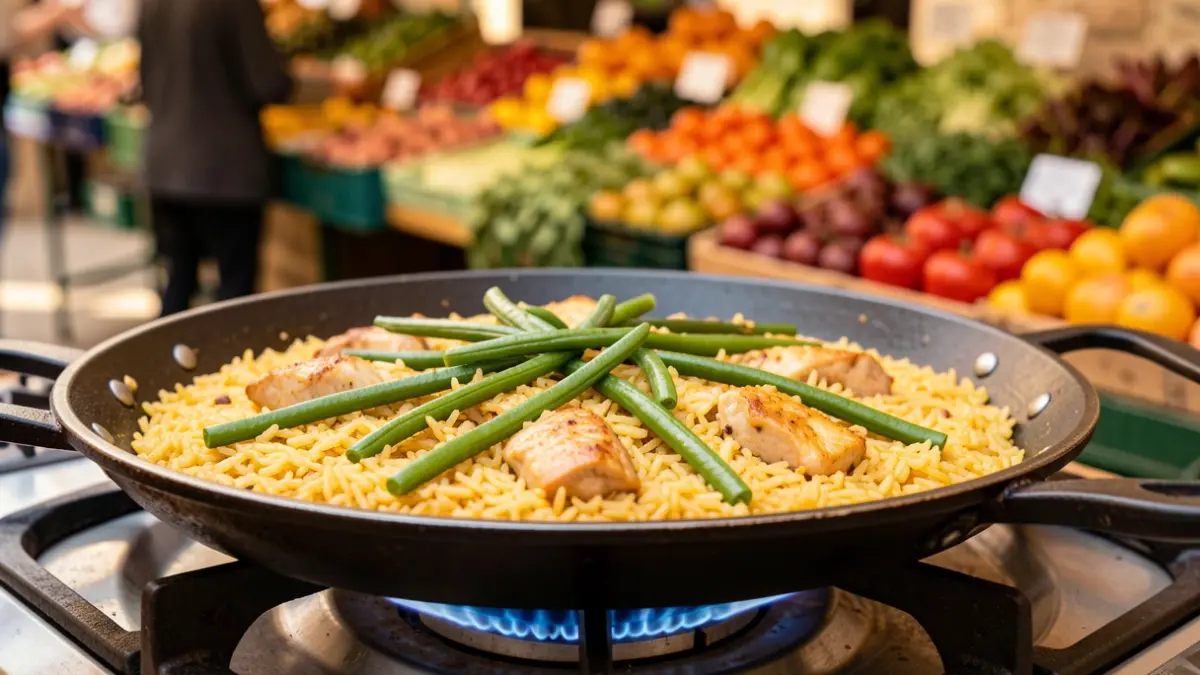 Imagen de una paella con arroz seco o meloso cocinada a gas, como parte de un concurso gastronómico.