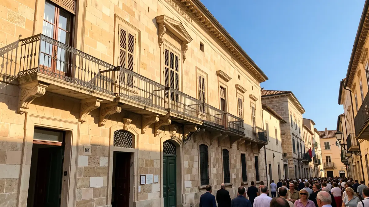 Imagen genérica de la fachada de un ayuntamiento mediterráneo con balcón y barandillas de hierro, luz solar de la tarde.