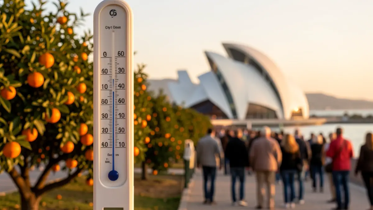 Termómetro marcando altas temperaturas con paisaje valenciano al fondo.