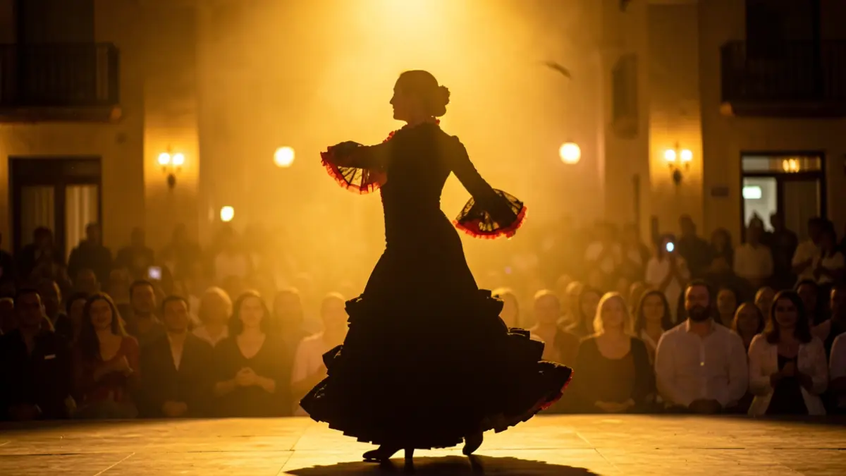 Silueta de una bailaora de flamenco en plena actuación, con luces cálidas de fondo.