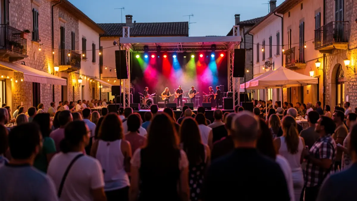 Imagen genérica de un escenario de festival al aire libre al atardecer, con luces vivas y público borroso.