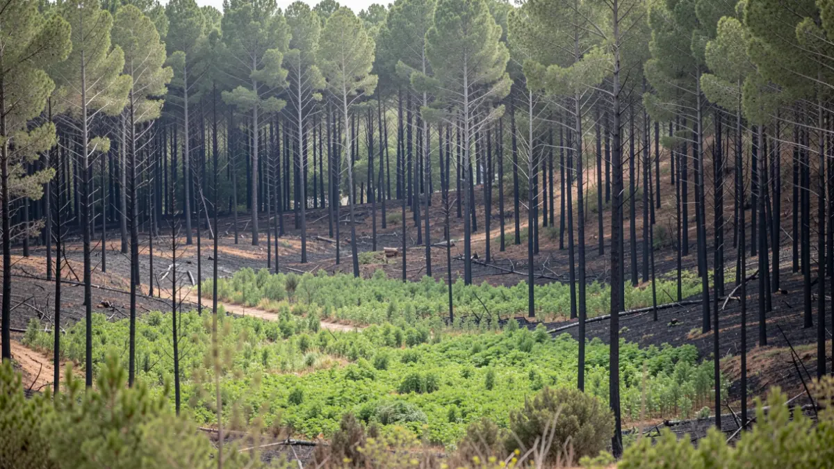 Imatge genèrica d'un paisatge forestal amb zones cremades i vegetació en regeneració a la Comunitat Valenciana.