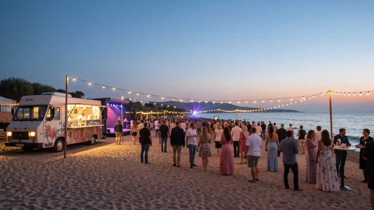 Generic image of a Mediterranean beach with nighttime leisure activities.